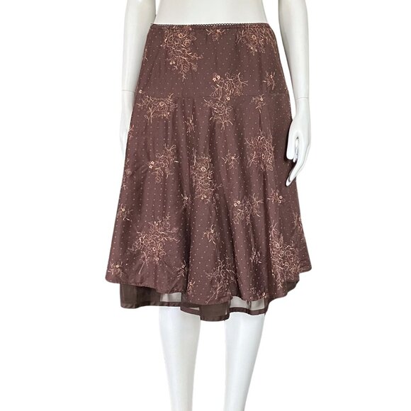Vintage Y2K 100% Cotton Brown Embroidered Floral Midi Skirt Boho Girlhood XS/S - Picture 2 of 10